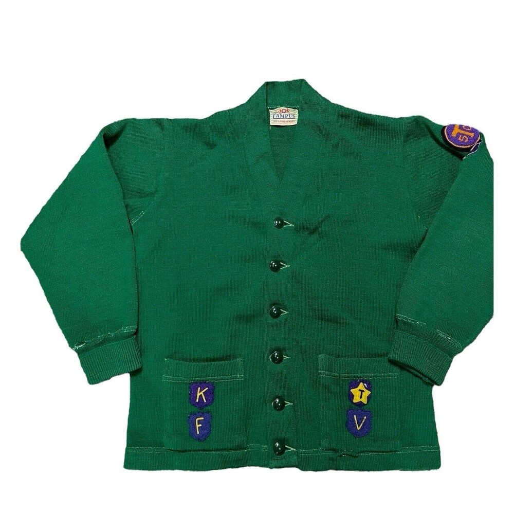 Campus Men’s All Wool Green Sweater Varsity Letterman Patches VTG 40s 50s Cobain